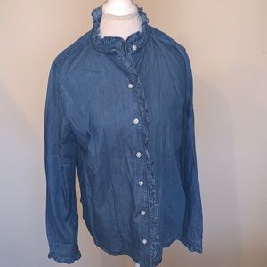 Crown and Ivy Chambray Button down shirt with a ruffle collar